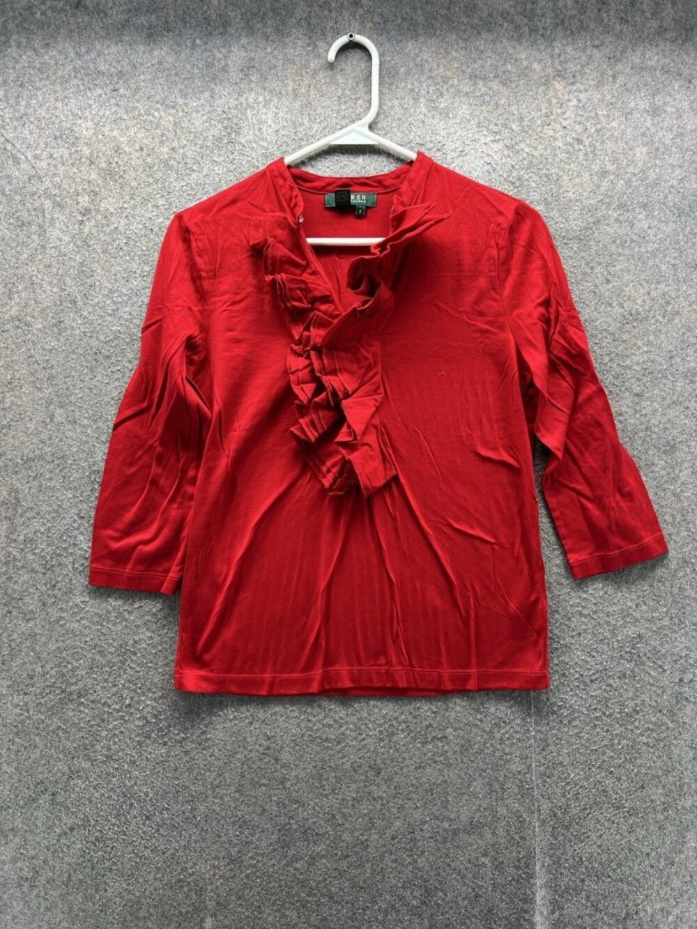 Lauren Ralph Lauren Blouse Women Small Red V Neck 3/4 Sleeve Ruffle Jersey